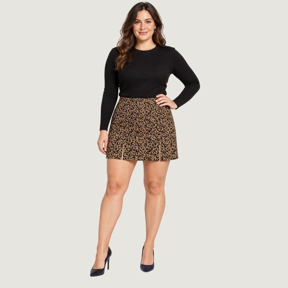 Chico's Black Label Leopard Mini Skirt Women 1.5 L Tan Animal Print Faux Suede
